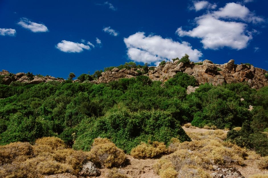 Open dry hills under a bright blue sky.