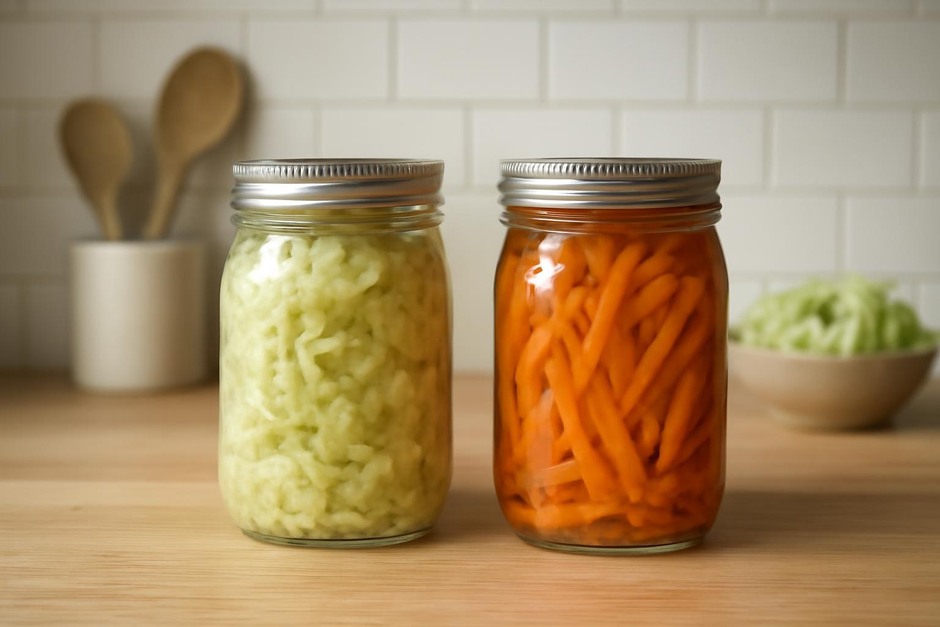 Glass jars with shredded cabbage and pickled carrots on a kitchen counter