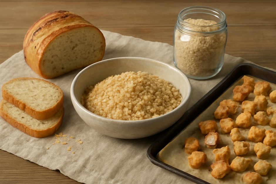 Sliced stale bread turned into breadcrumbs and croutons